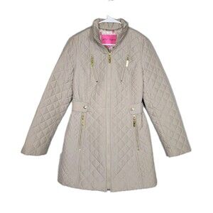 Betsey Johnson Mimi Quilted Jacket Womens Medium Beige Gold Mid Length Corseted